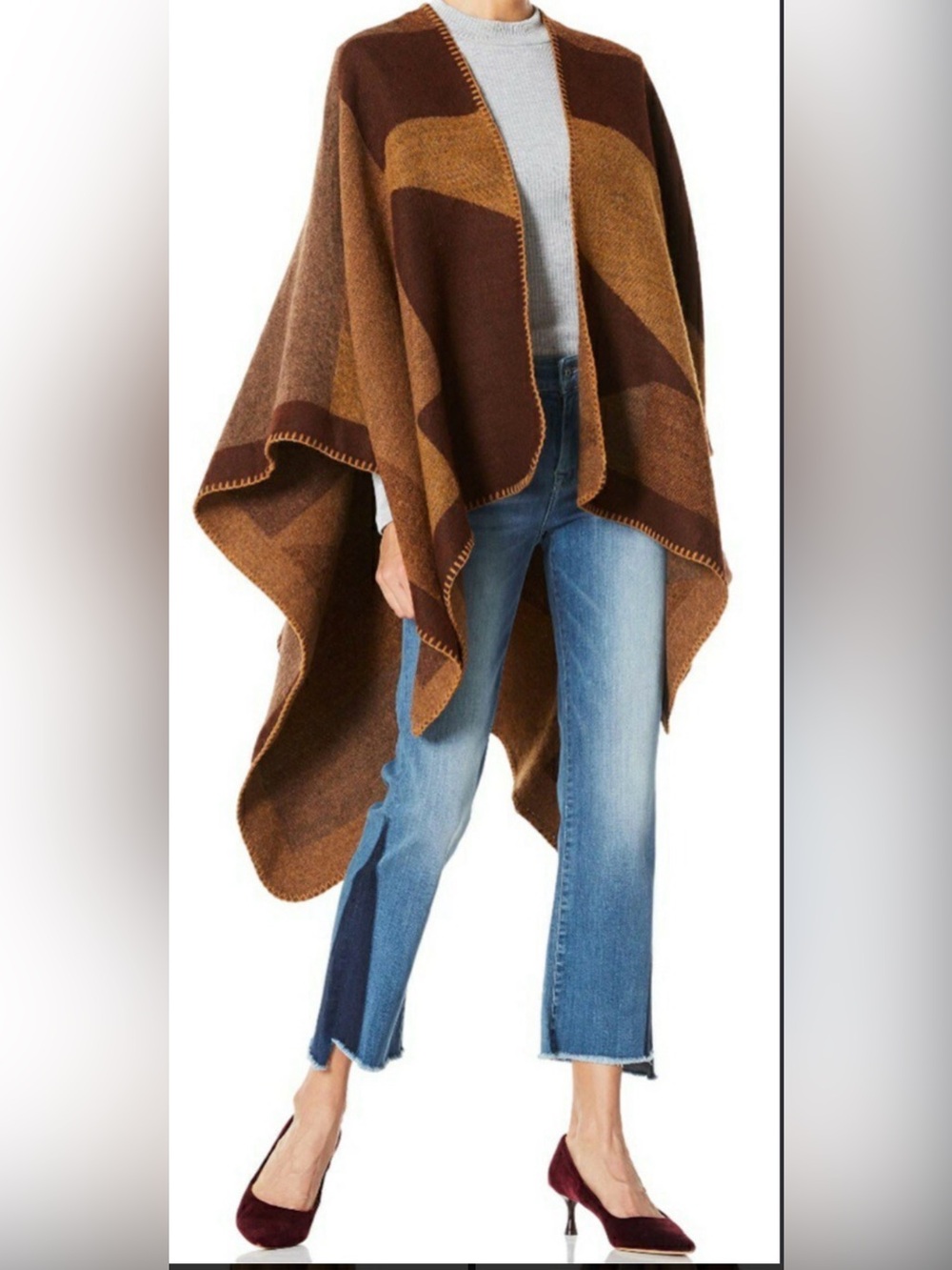 Premium Honpo Open Front Poncho Wrap Shawl | Geometric Colorblock Brown OS